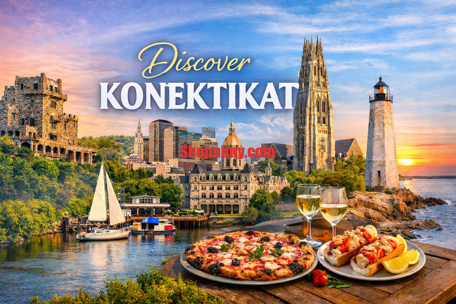 Panoramic view of Konektikat’s coastline and hills