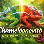 A vibrant chameleónovité lizard perched on a tree branch, showcasing its color-changing ability.