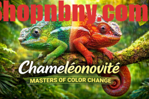 A vibrant chameleónovité lizard perched on a tree branch, showcasing its color-changing ability.