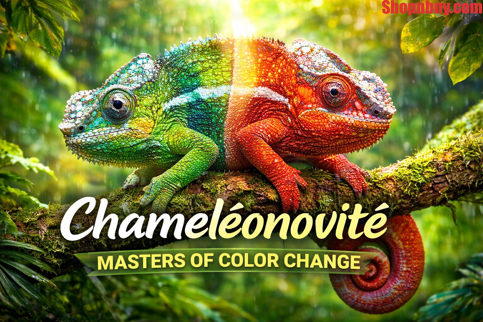A vibrant chameleónovité lizard perched on a tree branch, showcasing its color-changing ability.
