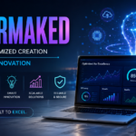 Futuristic digital illustration of Supermaked concept showing optimized creation, AI technology, and modern innovation workflow in a high-tech environment