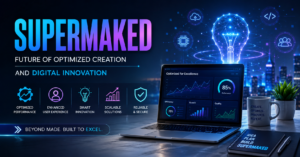 Futuristic digital illustration of Supermaked concept showing optimized creation, AI technology, and modern innovation workflow in a high-tech environment