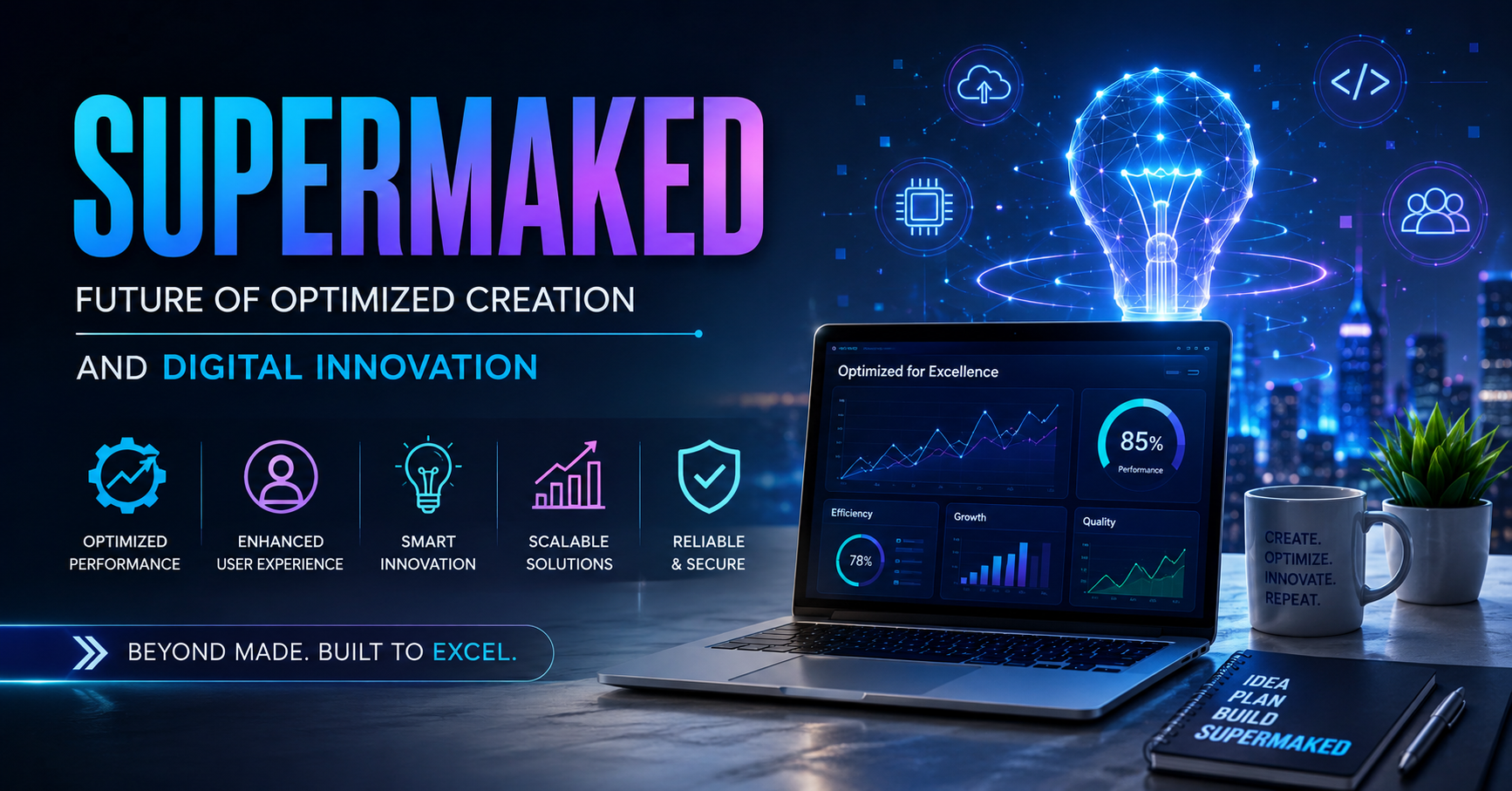 Futuristic digital illustration of Supermaked concept showing optimized creation, AI technology, and modern innovation workflow in a high-tech environment