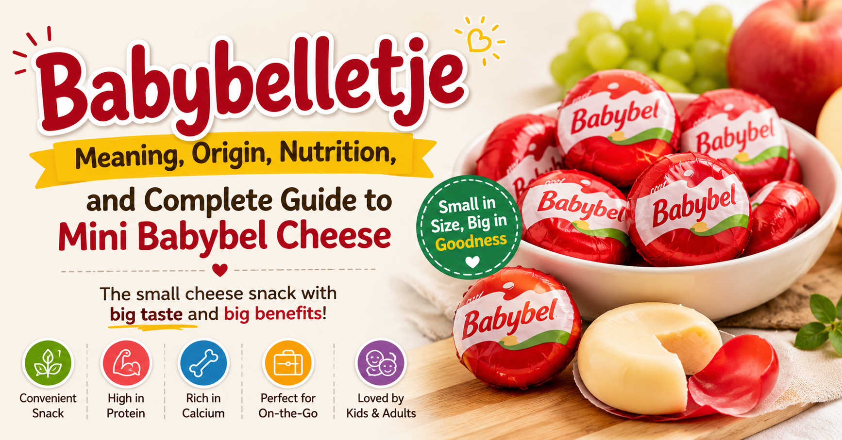 Babybelletje guide feature image showing Mini Babybel cheese, nutrition benefits, and overview of meaning, origin, and uses of Babybel cheese snack