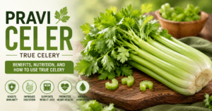Fresh Pravi Celer (true celery) stalks on a wooden surface representing nutrition, health benefits, and healthy eating concept