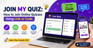 Join My Quiz online platform showing users joining a quiz using link or code on mobile and laptop devices