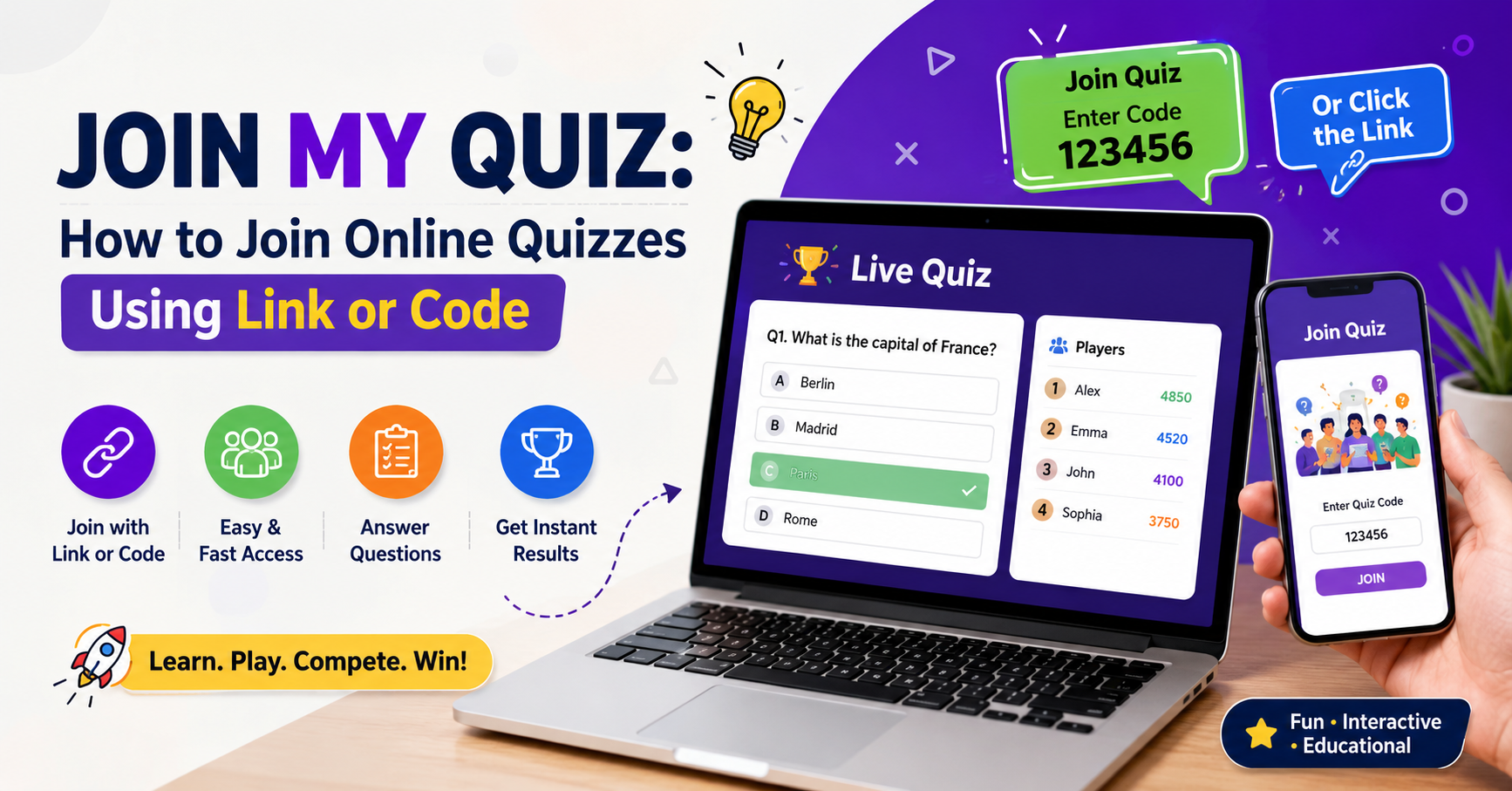 Join My Quiz online platform showing users joining a quiz using link or code on mobile and laptop devices