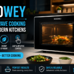 Microwey smart microwave cooking concept showing modern kitchen appliance with digital controls and energy-efficient cooking features