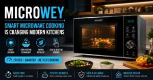 Microwey smart microwave cooking concept showing modern kitchen appliance with digital controls and energy-efficient cooking features
