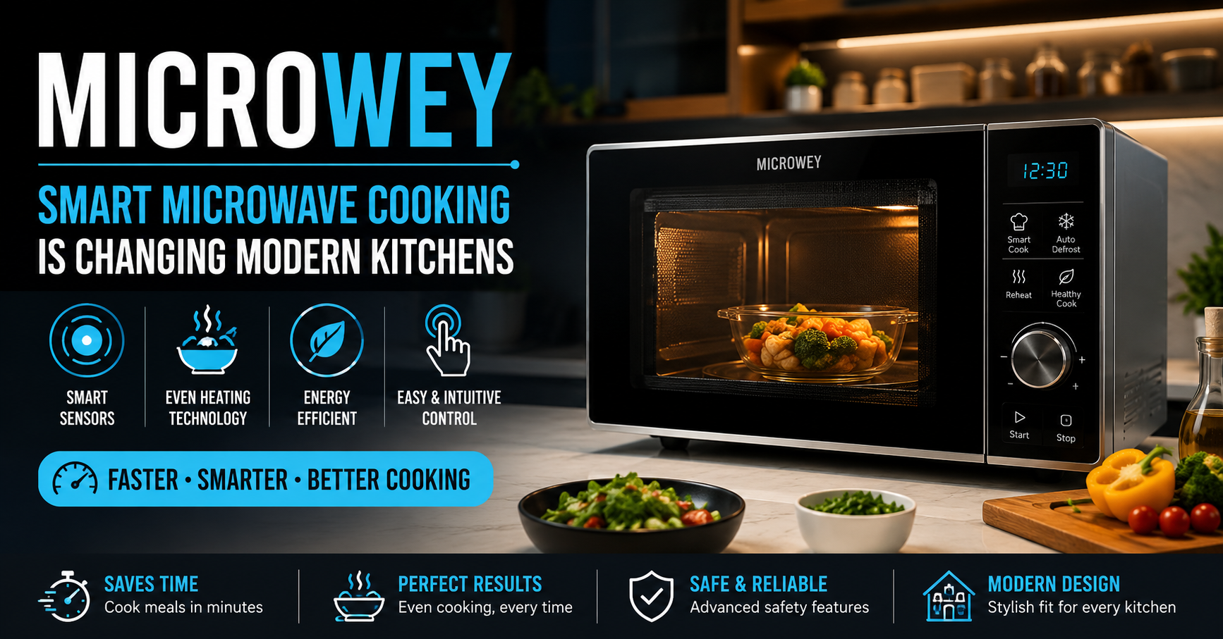 Microwey smart microwave cooking concept showing modern kitchen appliance with digital controls and energy-efficient cooking features