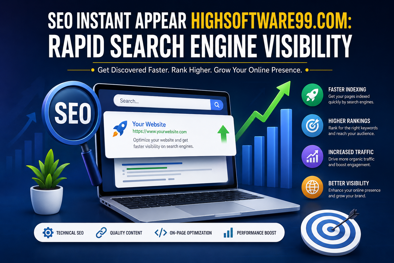 Digital SEO illustration showing rapid search engine visibility, website ranking growth, technical SEO optimization, and faster indexing concepts.