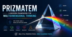 A modern infographic showing Prizmatem concept with a prism splitting light into multiple colors, representing multidimensional thinking, clarity, innovation, and structured decision-making across business, education, technology, and healthcare.