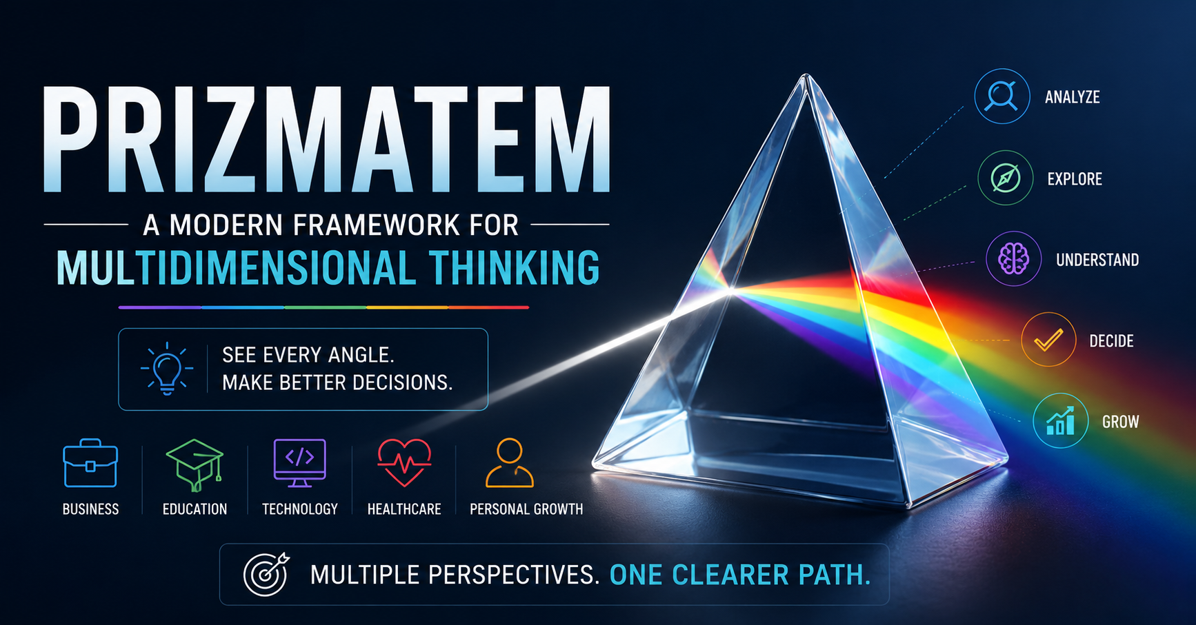 A modern infographic showing Prizmatem concept with a prism splitting light into multiple colors, representing multidimensional thinking, clarity, innovation, and structured decision-making across business, education, technology, and healthcare.